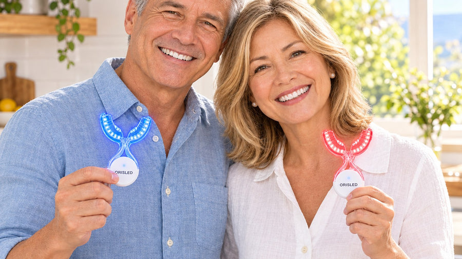 ORISLED oral light therapy device in blue mode and red with near-infrared mode.
