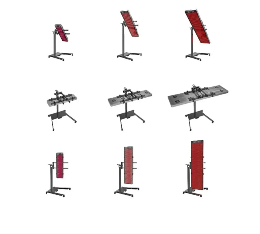 a group of 9 Red light therapy panels on stands showing in different orientation angles by LEREDD
