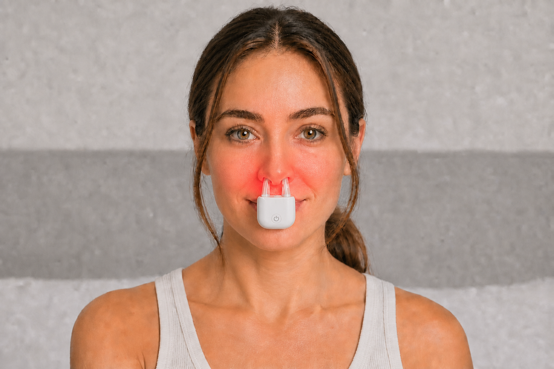 woman with a white Nasaled device glowing Red on her nose and cheeks