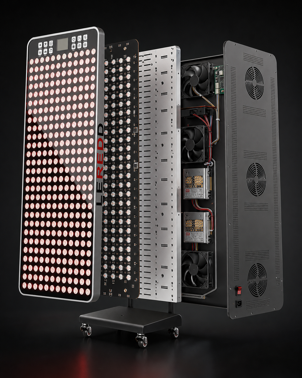 LEREDD Branded LED red light therapy panel with red lights on a white background