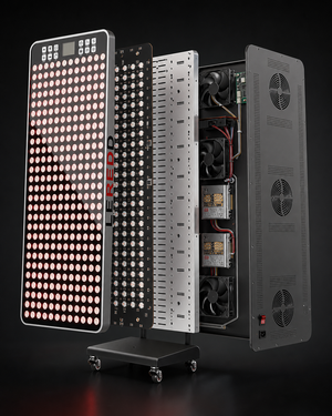 A large LEREDD LED light therapy Biohax 324 modular panel system exploded view on a black wheeled stand, revealing multiple sections, internal cooling fans, and electronic components against a dark studio background.