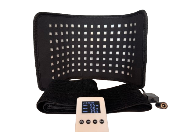 Red light therapy mat with controller on a white background