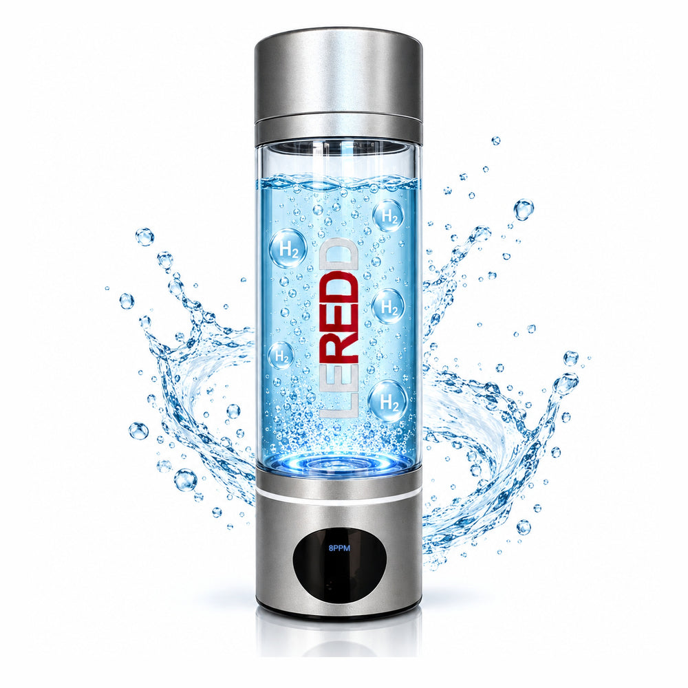 A portable hydrogen water bottle with a clear body showing blue water and bubbles, a metallic silver top and base, and a vertical 'LEREDD' logo. Blue water splashes surround the bottle on a white background.