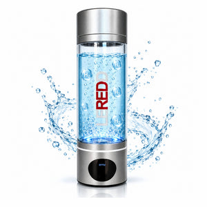 A portable hydrogen water bottle with a clear body showing blue water and bubbles, a metallic silver top and base, and a vertical 'LEREDD' logo. Blue water splashes surround the bottle on a white background.