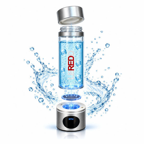 An exploded image view of a transparent cylindrical hydrogen water bottle with a metallic cap floating above a matching metallic base on a white background, surrounded by dynamic blue water splash graphics. The bottle is filled with blue liquid and has the Branding 'LEREDD' printed vertically in  white and red.