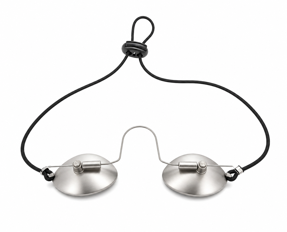 A pair of LEREDD oval-shaped silver Steel IPL LASER Blockout goggles attached with a round black elastic cord with a toggle size adjuster, shown against a plain white background.