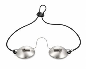 A pair of LEREDD oval-shaped silver Steel IPL LASER Blockout goggles attached with a round black elastic cord with a toggle size adjuster, shown against a plain white background.