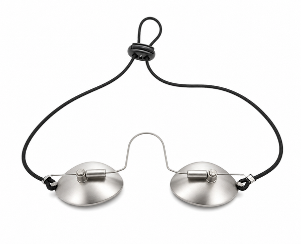 A pair of LEREDD oval-shaped silver Steel IPL LASER Blockout goggles attached with a round black elastic cord with a toggle size adjuster, shown against a plain white background.