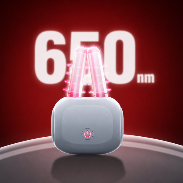 A compact Nasal light-therapy device by LEREDD with two glowing pink-red treatment arms extends upward from a rounded gray base, set against a dark red background with large white text reading 650 nm as the wavelength being emitted.