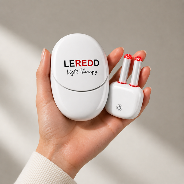 Hand holding a LEREDD LED light therapy NASALED device with its charging and sterilisation case with two red light bulbs on a neutral background