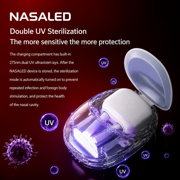 A NASALED LED THERAPY device by LEREDD shiowing a double UV sterilisation process with a white nasal chamber inside a transparent oval container under purple UV light, on a dark red background with marketing text and floating UV icons.