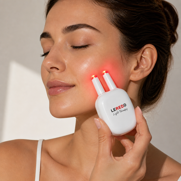 Woman holding a white device for nasal allergic rhinitis therapy labeled 'LEREDD' on her face against a neutral background