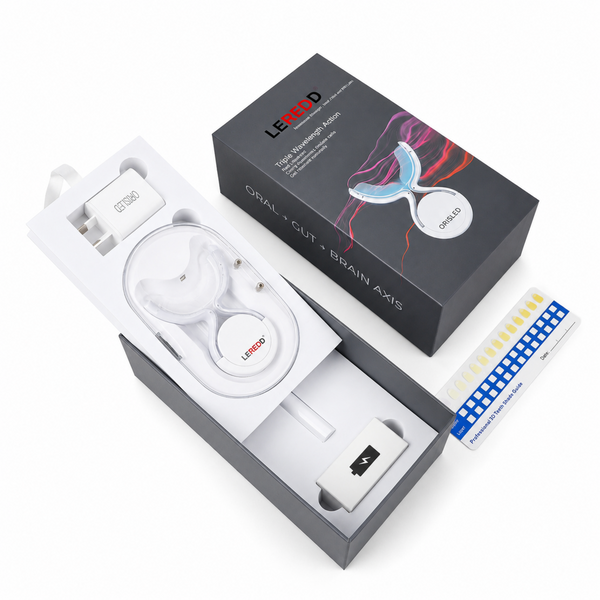 ORISLED oral red light therapy device kit  by LEREDD with mouth applicator, USB charger, teeth colour chart and packaging