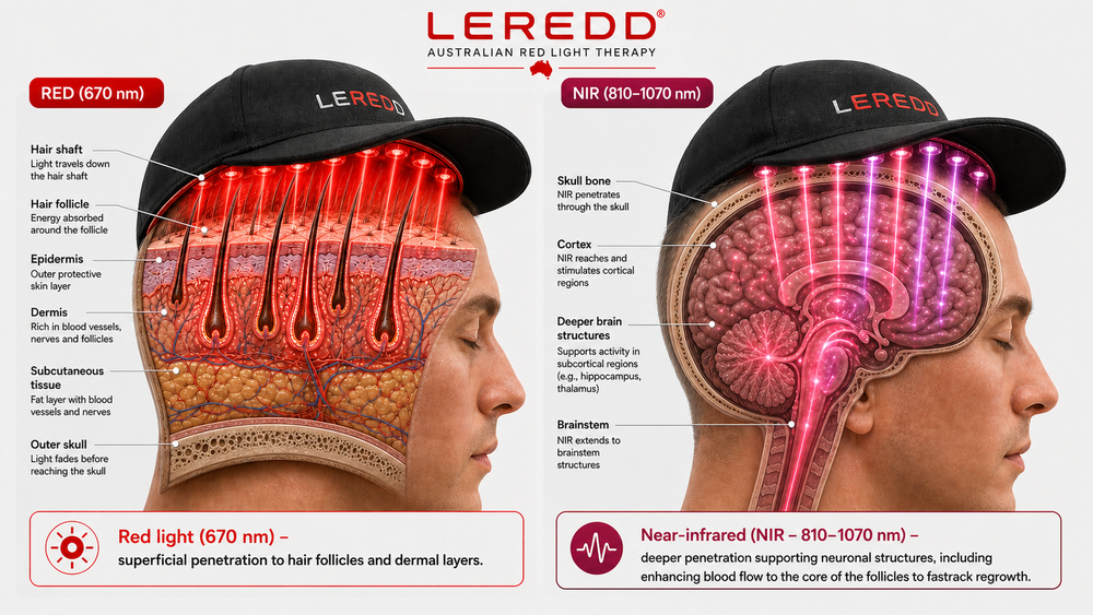 Red light therapy Brain treatment and Hair growth Cap with remote control device on a white background, featuring the brand 'LEREDD'