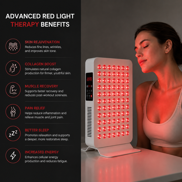 Red light therapy device with a woman receiving treatment and benefits listed on the left.