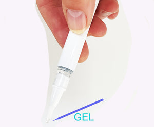 Hand holding a pen with a clear gel cartridge on a white background