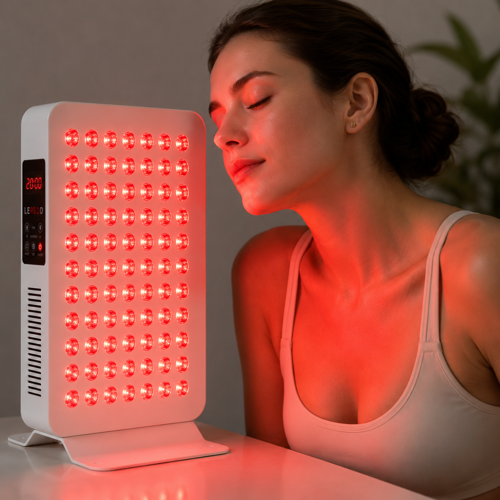 White LED panel with red lights on a white background