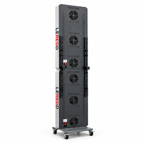 2 LEREDD branded light therapy biohax 324 panels showing the rear angle of the panels on a wheeled base, shown against a plain white background. The Panels are joined in vertical axis  and are dark gray with black cooling fans and red LEREDD branding.