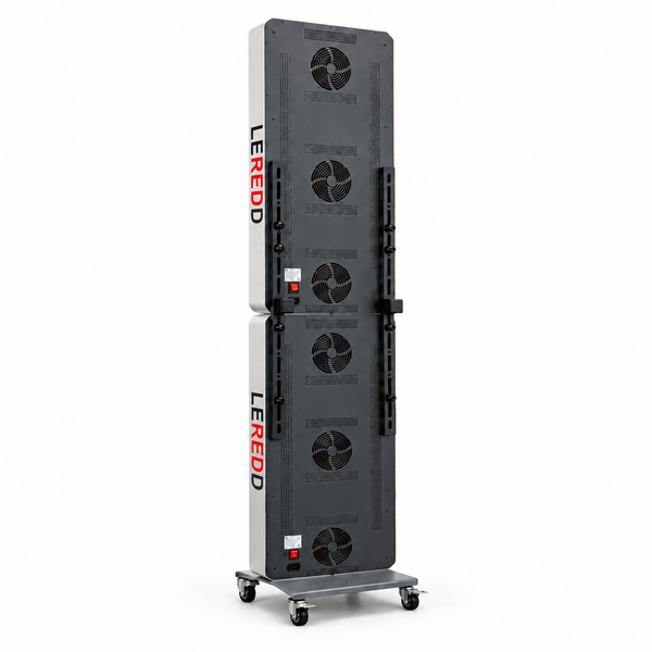 2 LEREDD branded light therapy biohax 324 panels showing the rear angle of the panels on a wheeled base, shown against a plain white background. The Panels are joined in vertical axis  and are dark gray with black cooling fans and red LEREDD branding.