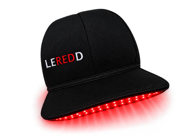 A black flat-brim cap with 'LEREDD' embroidered on the front, featuring glowing red LED lights along the underside of the brim, shown against a solid white background.