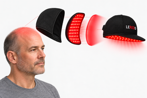 A man in a gray shirt is shown in profile next to an exploded view of a black LED light therapy cap, with red light graphics illustrating how the product works. The cap features the brand name 'LERRED' on the front.