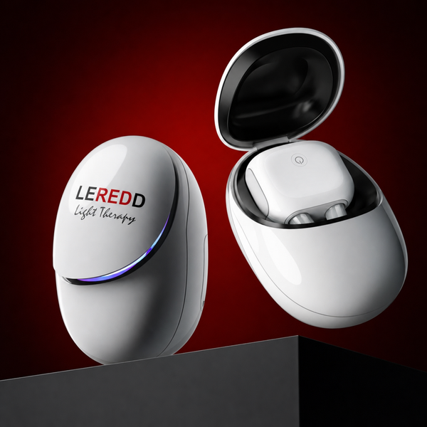 A white wireless nasal led device called the NASALED by LEREDD light therapy in an open white charging case next to a matching closed case on a dark pedestal against a red gradient background. The closed case features the brand name 'LEREDD Light Therapy' printed on the front.