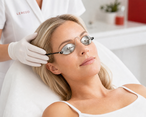 A woman wearing LEREDD oval steel protective laser goggles lies on a treatment bed while a provider in a white uniform and gloves adjusts the frame. The setting is a bright clinical room with a blurred background.