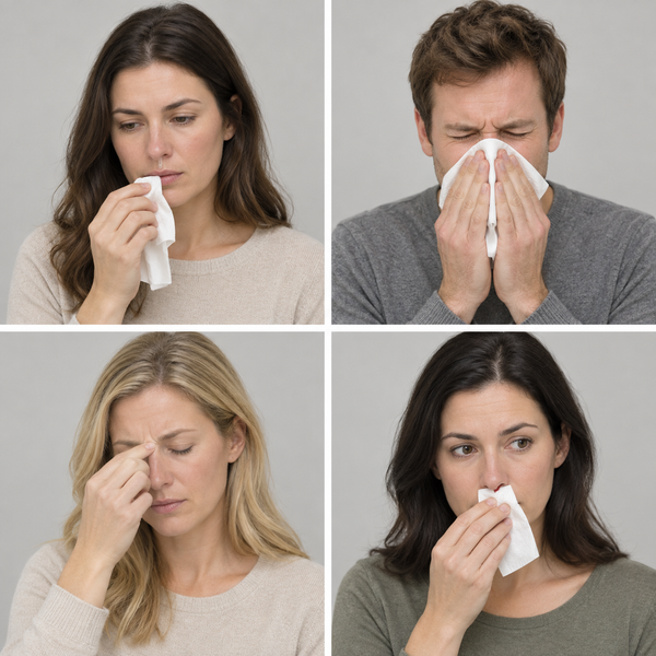 A four-panel collage showing people coughing or wiping their noses with tissue papers against a plain light gray background.