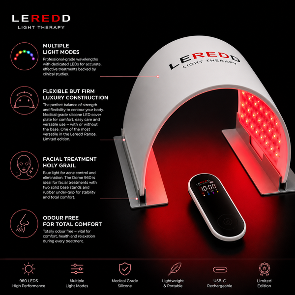 LEREDD light therapy device with features highlighted on a black background